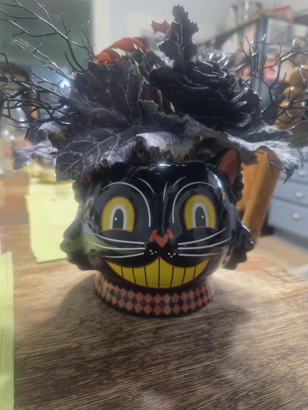 Halloween Artificial Floral Arrangement Cat Theme Black Ceramic Pot 10 Inches